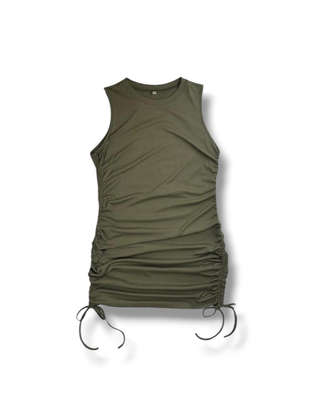 Army green ribbed knit drawstring hem ruched bodycon sleeveless mini dress XL